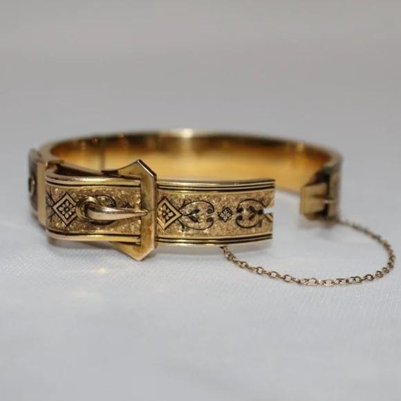 Antique Victorian 10K Gold Filled Enamel Taille D'Epargne Buckle Bangle Bracelet - Picture 6 of 8